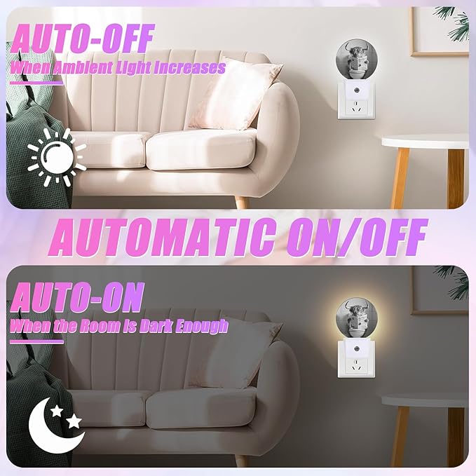Highland Cow Night Light LED Lamp Round Plug into Wall Nightlight with Dusk to Dawn Sensor Home Hallway Stairway Bathroom Decor