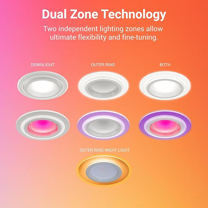 HALO 4 in Dual Zone Smart Wi-Fi Canless LED Ceiling Light Fixture 4-Pack Connected by WiZ Pro, Dimmable, Full Color, SpaceSense Motion Detection - RLWZDZC4-4PK