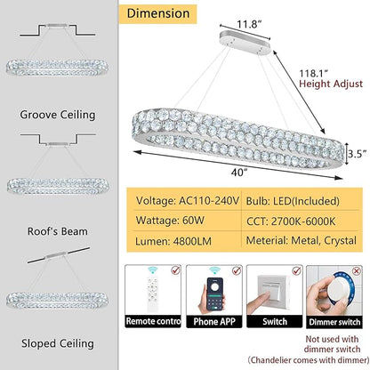 40'' Modern Oval Chandelier Crystal Chandeliers for Dining Room Round Ceiling Light Fixture for Living Room Lighting LED Dimmable with Remote Ring Lights Silver
