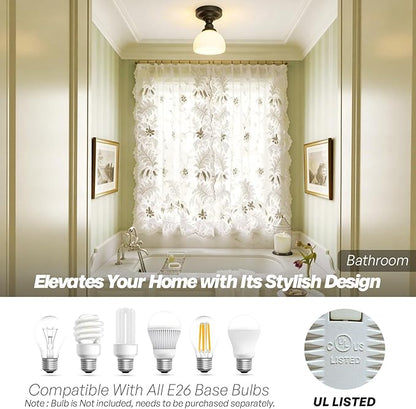 Modern Schoolhouse Semi Flush Mount Ceiling Light,Black Close to Ceiling Light Fixtures with Hand-Blown Glass Hallway Light Fixtures for Laundry Entryway Kitchen Bathroom Bedroom E26 Base