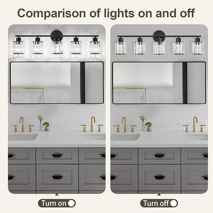 Crystal Bathroom Light Fixtures, Bathroom Lighting Fixtures Over Mirror, Modern Black 5-Light Vanity Lights for Mirror,Restroom, Bedroom (Ceramic E26 Socket,Bulbs Not Include)
