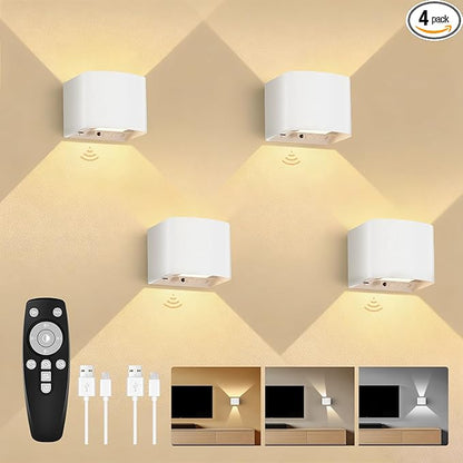 Motion Sensor Wall Light with Remote Control, 5000mAh Rechargeable Battery Powered Wall Lamps, Dimmable 2700-6500K, Adjustable Beam Angle, White Up and Down Wireless Wall Sconce for Indoor, 4-Pack