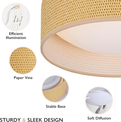 CALOKES 13" Woven Rattan-Style Boho Flush Mount Ceiling Light, LED 24W 3000K Closed to Ceiling Light Fixture with Classic Linen Drum Design for Bedrooms, Kitchen, Dining Room, Hallway