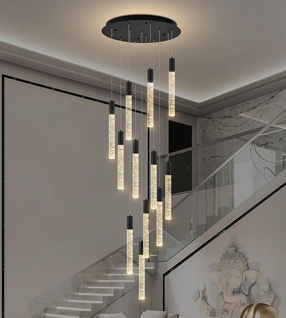 Modern High Ceiling Crystal Chandelier 12-Lights, Large Spiral LED Raindrop Foyer Pendant Lighting, Bubble Staircase Living Room Hanging Light Fixture Flush Mount Black