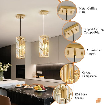 Gold Pendant Lights Kitchen Island 2 Pack, Adjustable Modern Pendant Light Fixtures, Mini Crystal Chandeliers for Dining Room Bedroom Foyer Hallway