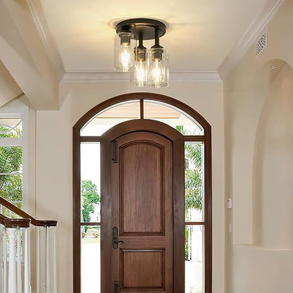 Mayful Semi Flush Mount Ceiling Light, 3-Light Black Fixture with Clear Glass Shade, Cluster Cylinder Design for Kitchen Dining Room Hallway Foyer Entryway