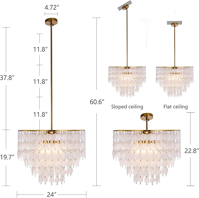 TOCHIC Natural Capiz Shell Chandelier, 6-Light Gold Modern Coastal Chandelier Light Fixture for Dining Room, Hanging Boho Round Beach Shell Pendant Light for Living Room, Bedroom, Kitchen, Foyer, 24"W