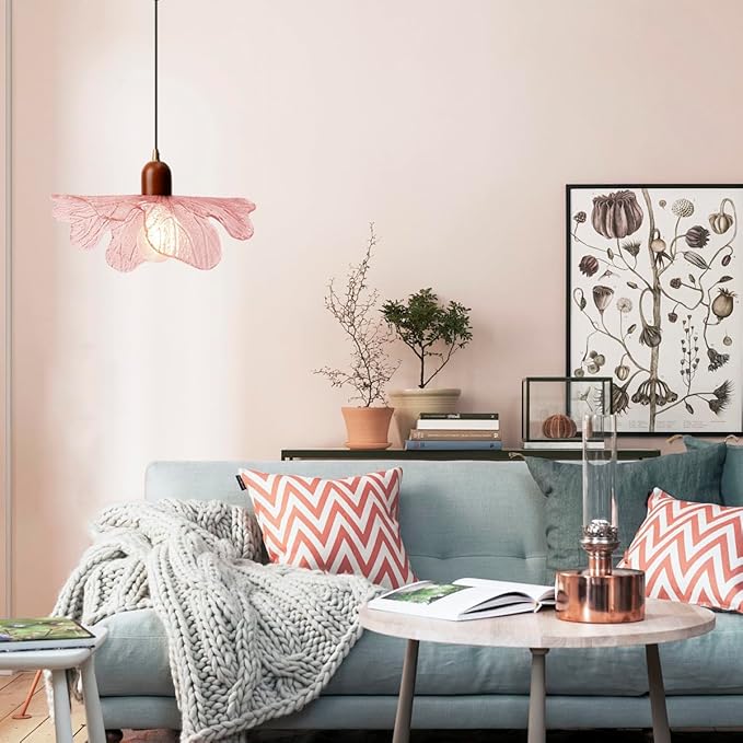 Modern Pink Glass Pendant Lights Fixtures Adjustable 13"/ 33CM Flower Hanging Ceiling Light Farmhouse Wood Chandelier for Kitchen Island Dining Room Foyer Cafe