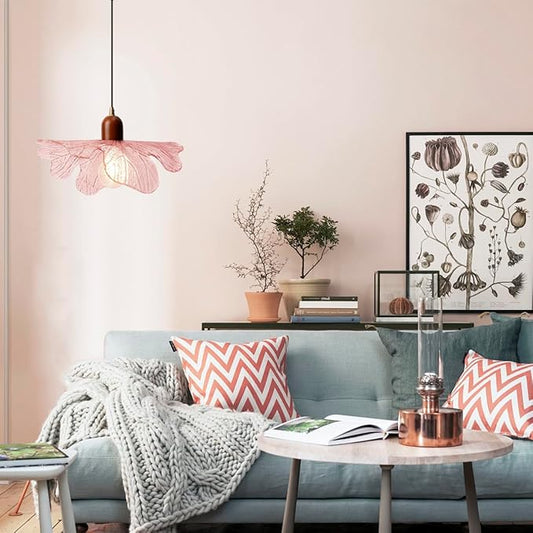 Modern Pink Glass Pendant Lights Fixtures Adjustable 13"/ 33CM Flower Hanging Ceiling Light Farmhouse Wood Chandelier for Kitchen Island Dining Room Foyer Cafe