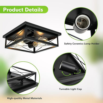 2 Pack Farmhouse Ceiling Light Fixture - Industrial Square Modern Black Flush Mount Ceiling Light for Kitchen, Hallway, Bedroom, Balcony, Porch, Stairway, E26 (Black, 10 Inch)