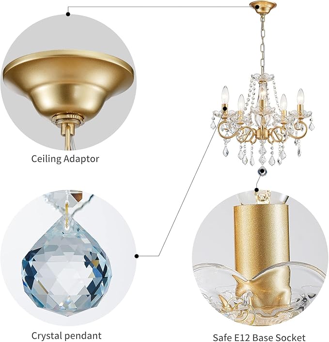 Mini Crystal Chandelier, Golden Crystal Lighting,5-Light Modern Chandelier for Living Room Kitchen Island Entryway Bedroom
