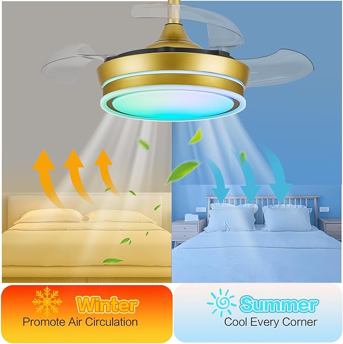 30" RGB Retractable Ceiling Fan Dimmable LED Chandelier Fan 6 Speed Small Fandelier with Remote APP Control for Living Dinning Room Bedroom Gold