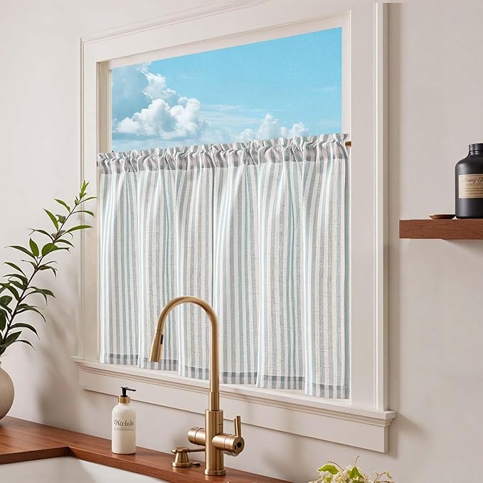 jinchan Striped Linen Kitchen Curtains 30 Inches Tier Curtains Farmhouse Modern Cafe Style Small Window Treatments Airy Light Filtering Rod Pocket for Living Room Bathroom 2 Panels Aqua Blue