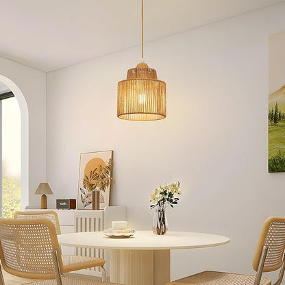 2 Pack Boho Rattan Pendant Light Kitchen Island,Farmhouse Chandeliers Adjustable Height Hanging lamp for Dining Room,Kitchen Ceiling Lights Fixtures with Round Woven Wicker Lampshade Lighting
