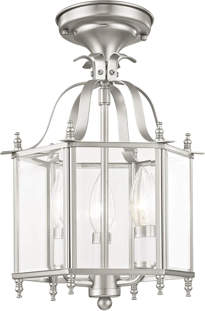 Livex Lighting 4403-91 Home Basics 3 Light Brushed Nickel Hanging Lantern or Flush Mount Chandelier with Clear Beveled Glass