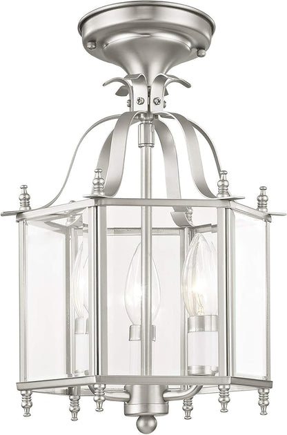 Livex Lighting 4403-91 Home Basics 3 Light Brushed Nickel Hanging Lantern or Flush Mount Chandelier with Clear Beveled Glass