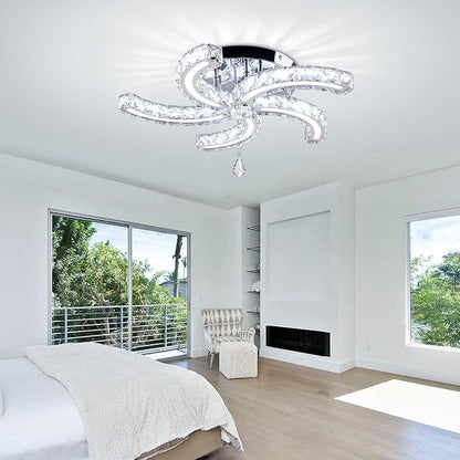 Finktonglan 19.7" Dimmable Crystal Semi Flush Mount Ceiling Light with Remote, 5-Light LED Modern Chandelier, K9 Crystal & Acrylic, 25W, 3000K–6500K Adjustable, Bedroom Living Room Dining