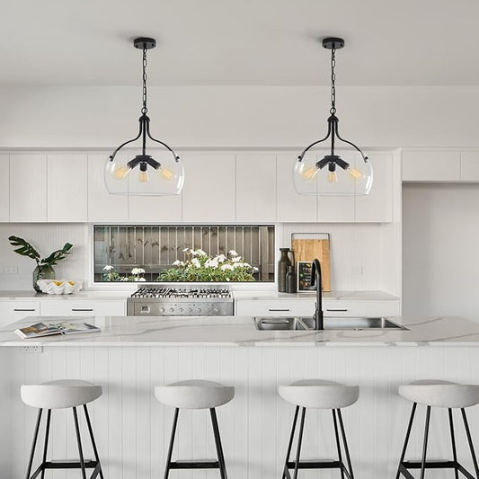 3-Lights Modern Pendant Lights Kitchen Island, Matte Black Hanging Light Fixtures with 15.8" Clear Glass Shade, Industrial Hanging Chandelier for Kitchen Entryway Bedroom Foyer