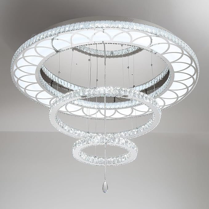 Flashing God Dia 48" Large Crystal Chandelier Modern Silver Chandeliers LED Dimmable Flush Mount Chandelier Crystal Ceiling Light for Living Room Bedroom Foyer