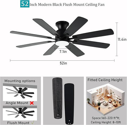 KNUN 52 Inch Ceiling Fan with Light,Low profile Ceiling Fans with Remote Control or App Control, 8 Blades, Noiseless, DC Motor, Flush Mount Ceiling Fan for Bedroom,Living Room, Indoor/Outdoor Black