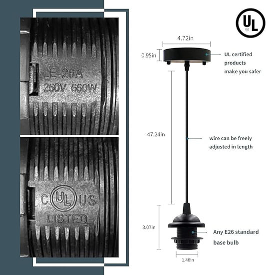 Industrial Mini Pendant Light Kit, Edison Retro Pendant, UL E26 Lamp Socket Vintage Pendant Light Cord, Mini Ceiling Hanging Light Fixtures, Adjustable Hanging Light Kit for Kitchen（Black）