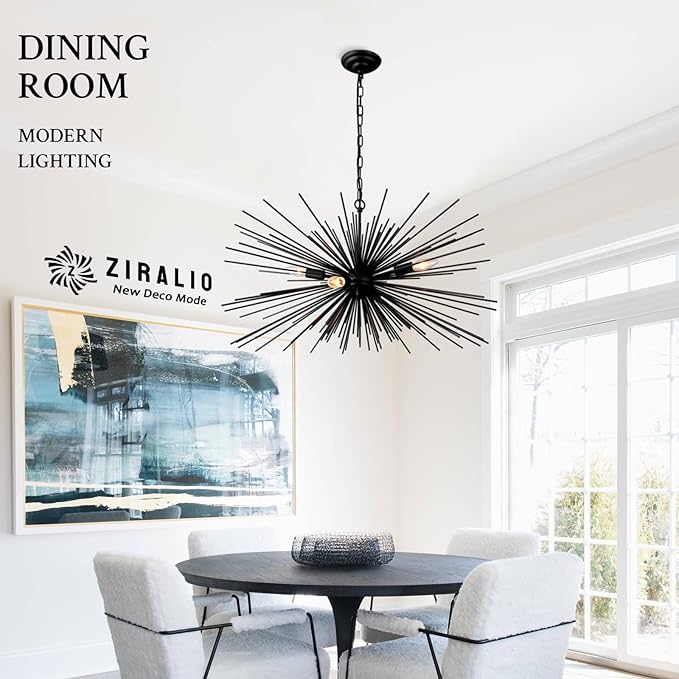 31“ Black Sputnik Chandelier Vintage 4-Lights Geometric Starburst Chandelier Light Fixture Modern Solid Metal Sputnik Chandeliers for Dining Room, Kitchen Island, Bedroom, Living Room, E12