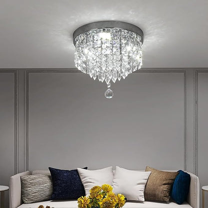 Deckrico Crystal Chandelier Modern Led Ceiling Light Flush Mount Stainless Steel Fixture Beaded Light Shade for Bedroom Dining Room Hallway Porch (White Light)