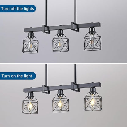 3-Light Vintage Industrial Pendant Light Over Table, Adjustable Hanging Light with Matte Black Metal Frame, E26 Base Modern Rustic Chandelier for Kitchen Island