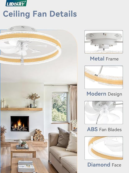 LEDIARY Ceiling Fans with Lights and Remote, 20'' Low Profile Ceiling Fan with Light, 3000-6000K Dimmable Fandelier Ceiling Fans, Modern Flush Mount Fan Light for Bedroom with 6 Wind Speeds-Wood Grain