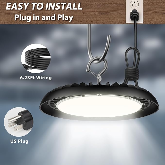 dephen UFO LED High Bay Light 150W, 5000K Plug in Shop Lights, 16,500M LED Garage Ceiling Lights with US Hook, 120VAC High Bay LED Lighting for Workshop Barn Warehouse UL-Listed