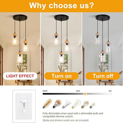 3-Light Pendant Light Fixtures, Black Pendant Lights Kitchen Island, Adjustable Pendant Lighting with Clear Hammered Glass Shade, Modern Hanging Light Fixtures for Dining Room, Hallway, Living Room