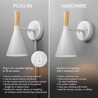 Globe Electric 65000147 1-Light Plug-in or Hardwire Wall Sconce, Matte White, Light Wood-Toned On/Off Rotary Switch on Pivoting Shade, 6ft White Braided Fabric Cord, Wall Lights for Living Room