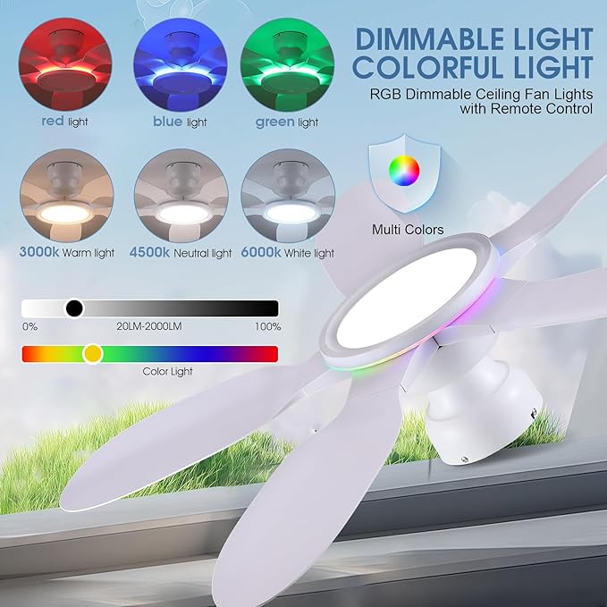 Kviflon 52 Inch Ceiling Fans with Lights and Remote/APP Control, Low Profile Ceiling Fans with Dimmable White + RGB Ring Lights, 6 Speeds 5 Curved Blades for Kids Room Bedroom Bar, White
