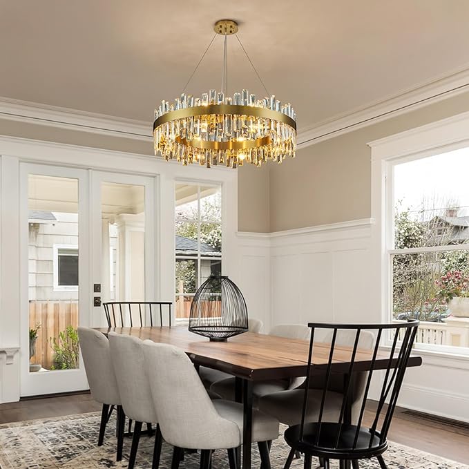 Siljoy 16-Light Modern Crystal Chandelier, Luxury Brushed Gold 2-Tiers K9 Crystal Raindrop Chandeleir, Adjustable Dimmable Crystal Ceiling Light for Dining Living Room Bedroom Entryway D31.5''