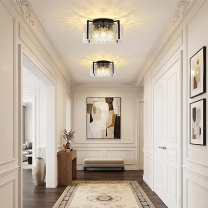 16" Black Semi-Flush Mount Ceiling Light, 4-Light Modern Hammered Glass Drum Fixture, Dimmable E26 Socket, Indoor Lighting for Bedroom Hallway Entryway Kitchen Foyer Living Room Laundry Decor