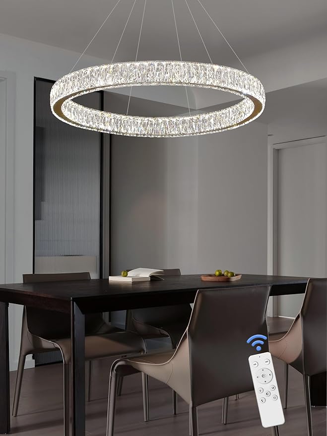 Modern LED Gold Ring Chandelier 31.5" Dimmable Adjustable Crystal Ring Pendant Light for Dining Room Living Room