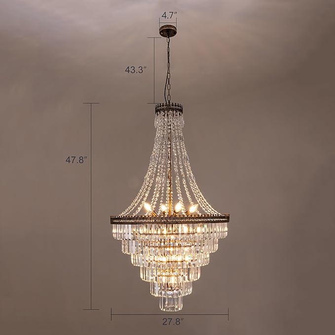TOCHIC French Empire Crystal Chandelier Modern Farmhouse Chandelier Ceiling Light for Foyer Entryway High Ceiling, Vintage Antique Bronze Chandelier Light Fixture for Dining Living Room 28" W x 48" H