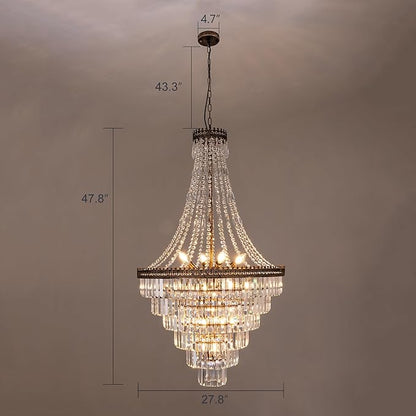 TOCHIC French Empire Crystal Chandelier Modern Farmhouse Chandelier Ceiling Light for Foyer Entryway High Ceiling, Vintage Antique Bronze Chandelier Light Fixture for Dining Living Room 28" W x 48" H