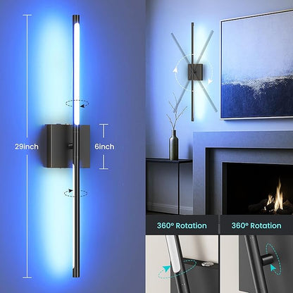 Battery Operated Wall Sconces Set of Two, 10000mAh Rechargeable Wall Lights with Remote Control, 360° Rotate Dimmable Black LED Cordless Lighting for Bedroom, Living Room, Hallway, 29 Inch, RGB
