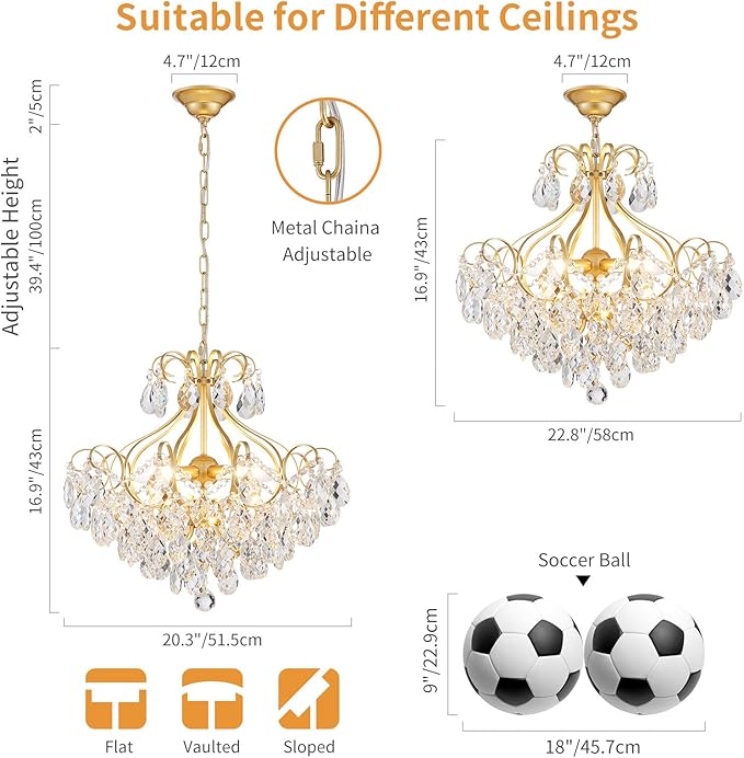 Crystal Candle Chandelier Pendant Flushmount Ceiling Light Modern Lighting Fixture for Bedroom Hallway Bar Kitchen Bathroom, H 16.9" x W 22.8", Gold, E12 Base