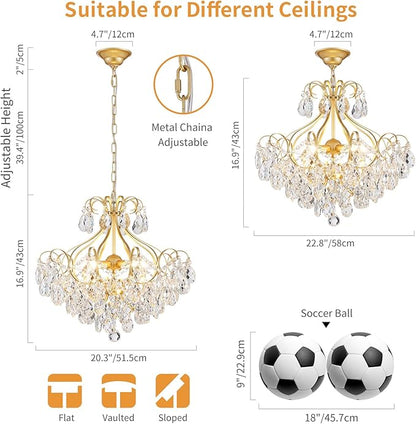 Crystal Candle Chandelier Pendant Flushmount Ceiling Light Modern Lighting Fixture for Bedroom Hallway Bar Kitchen Bathroom, H 16.9" x W 22.8", Gold, E12 Base
