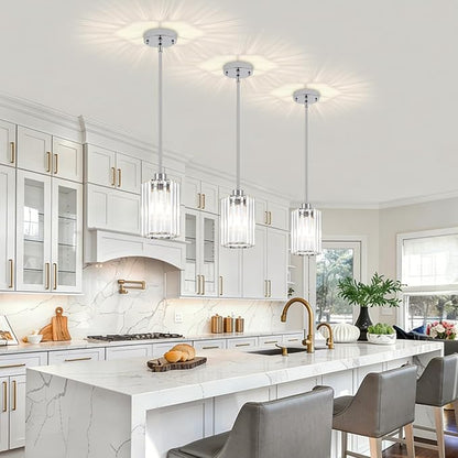 3-Pack Chrome Pendant Lights Kitchen Island Modern Crystal Hanging Pendant Light Hexagonal Mini Chandelier Adjustable Hanging Kitchen Lights for Dining Room Hallway Bedroom Entryway Light Fixture