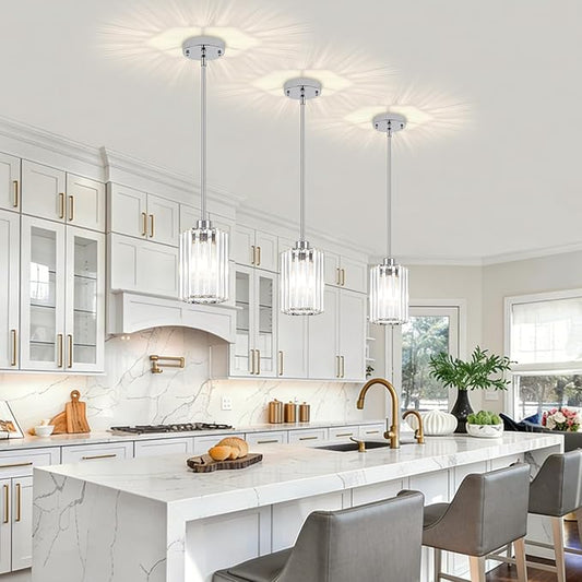 3-Pack Chrome Pendant Lights Kitchen Island Modern Crystal Hanging Pendant Light Hexagonal Mini Chandelier Adjustable Hanging Kitchen Lights for Dining Room Hallway Bedroom Entryway Light Fixture