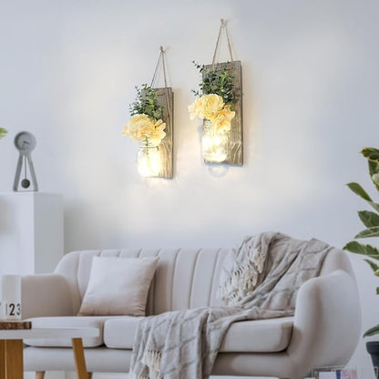 Modern Farmhouse Wall Decor Set of 2, Rustic Wall Art Living Room Decor with Led Fairy Lights and Rose Flowers, Country Home Decor Gifts, X-Large Rustic Grey