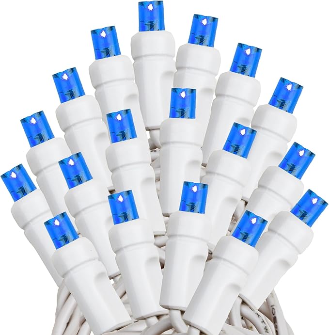 Novelty Lights 25ft Christmas String Lights, 50 Blue LED Bulbs on White Wire, 6" Spacing, Connectable Indoor Outdoor Commercial Grade Lighting for Holidays Patio Weddings