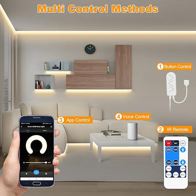 Tatazone Smart White COB Led Strip Light with App and Remote, 16.4ft 4000K WiFi Bright COB Light Strip Compatible with Alexa Google, Dimmable Indoor COB Led Lights for Mirror, Room, Cabinet, Kitchen