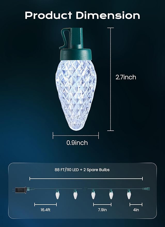 Minetom C9 Christmas Lights Outdoor, 72 FT 110 LED C9 String Lights, 8 Modes & Timer Connectable Waterproof for Christmas Tree Light Indoor Outdoor Roofline Patio Outside Yard Xmas Decor, White