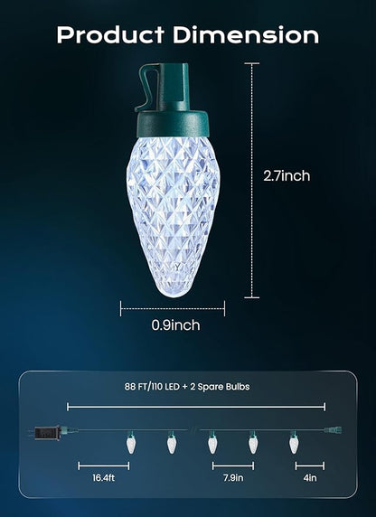 Minetom C9 Christmas Lights Outdoor, 72 FT 110 LED C9 String Lights, 8 Modes & Timer Connectable Waterproof for Christmas Tree Light Indoor Outdoor Roofline Patio Outside Yard Xmas Decor, White
