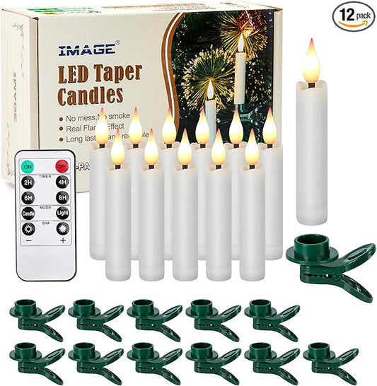 IMAGE 12Pcs LED Taper Candles Light Set Flameless 3D Wick Ivory Candles with Clip-on Christmas Tree Design, 10-Key Remote with Timer, Warm White Light, Battery Operated for Versatile Decoration