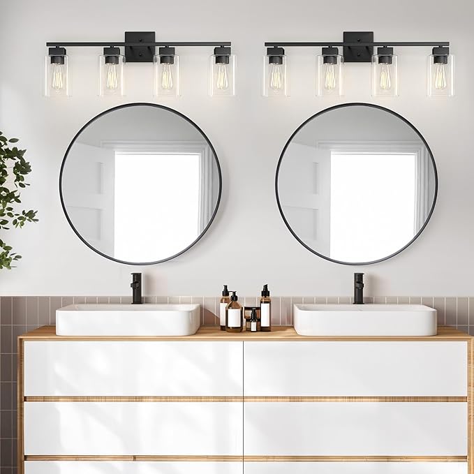 4 Light Bathroom Vanity Light - Matte Black Bathroom Light Fixtures Square Design & UL Certification, Square Light Fixture Over Mirror, Farmhouse Light Fixtures for Bathroom & Bedroom
